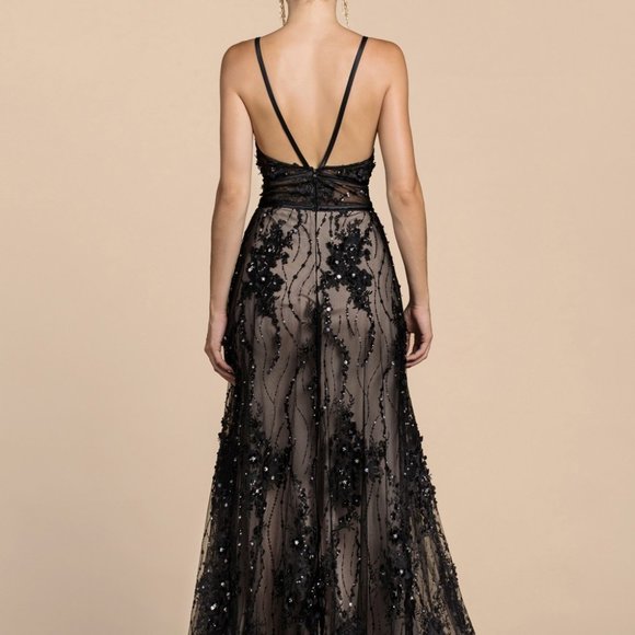Black/Nude V-Neck Beaded Evening open back Party Prom Dress Gown CD0464 - Picture 4 of 6